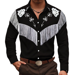 Men's Vintage Embroidered Tassel Long Sleeve Cotton Shirt 67104892U