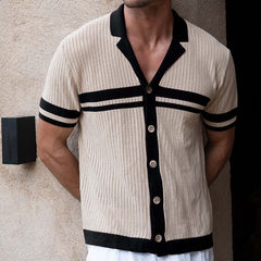 Men's Spring And Summer Casual Contrast Color Stitching Knitted Short Sleeve Shirt MTA1902C0K
