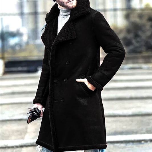Stylish Double-Breasted Long Coat With Detachable Fur Collar For Men