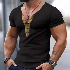 Men's Leather Collar Patchwork V-Neck Slim Fit Short Sleeve T-Shirt MTA2258C3U