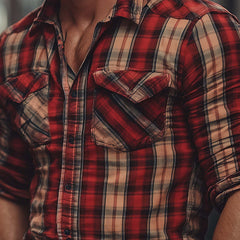 Men's Spring & Summer Fashion Flannel Shirt: Brushed Check Pattern, Premium Long-Sleeve with Dual Pockets