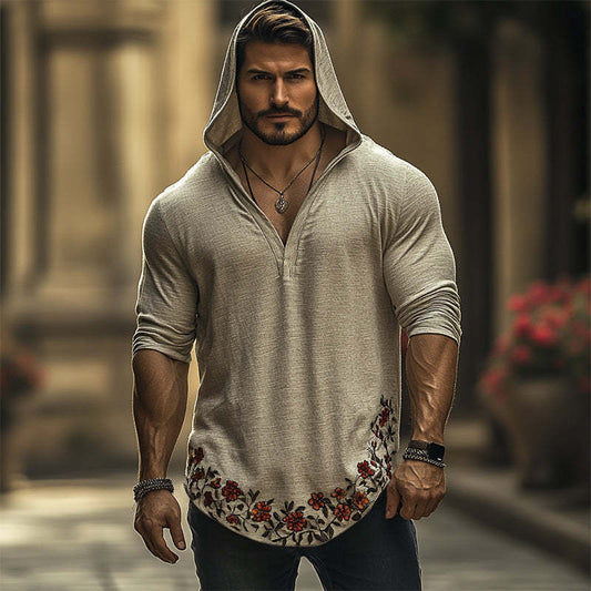 Men's Retro Casual Embroidered Hooded Long Sleeve T-Shirt MTA2747C0TO