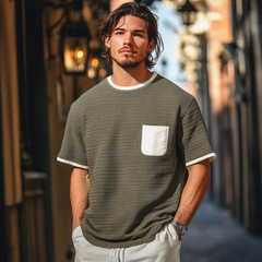 Men's Casual Round Neck Clorblock Patchwork Loose Knitted Short Sleeve Sweater T-Shirt MTA0717D1M