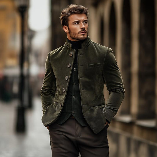 Men's Vintage Corduroy Stand Collar Single Breasted Slim Fit Blazer 57234086M