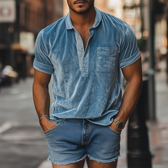 Men's Spring Fashion Deep V-Neck Sexy Lace Stitching Velvet Short-Sleeved POLO Shirt MTA2637C7K