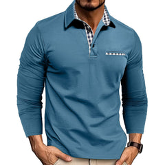 Men's Stylish Long Sleeve Polo Shirt with Plaid Collar Detail