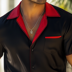 Men's Fashion Spring And Summer Contrast Color Stitching Satin Short Sleeve Shirt MTA2028C4K