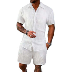 Men's Solid Color Striped Lapel Short Sleeve Shorts Casual Set 63428764X