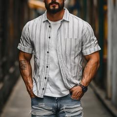 Men's Casual Cotton Linen Striped Lapel Single Breasted Loose Short Sleeve Shirt MTA2759C3M