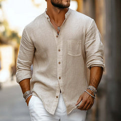 Men's Casual Skin-friendly Cotton And Linen Long-sleeved Shirt 80374477U