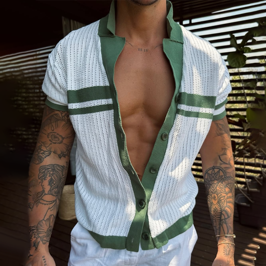 Men's Knit Striped Notch Lapel Single Breasted Short Sleeve Polo Shirt MTA0812D4Z