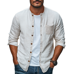 Men's Spring Fashion Lace Pocket Stitching Cotton And Linen Long Sleeve Shirt MTA2633C4K