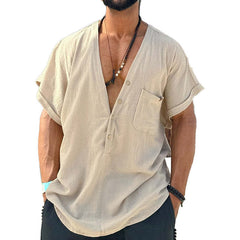 Men's Cotton And Linen V-Neck Short Sleeve Shirt MTA1879C3X