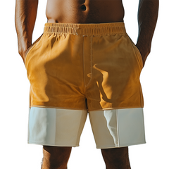 Men's Spring And Summer Fashion Casual Contrast Color Stitching Elastic Waist Suede Shorts MTA0340D7K