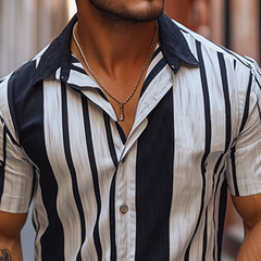 Men's Retro Casual Vertical Stripe Printed Chiffon Short Sleeve Shirt MTA2024C4K