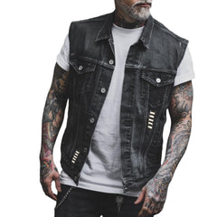 Distressed Denim Vest with Embroidered Skull Design for Biker Style