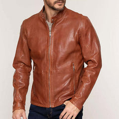 Men's Vintage Orange Snap Collar Zipper Leather Jacket 31099494U