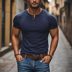 Men's Casual Comfortable Cotton Henley Collar Slim Fit Short Sleeve T-Shirt MTA2758C3M