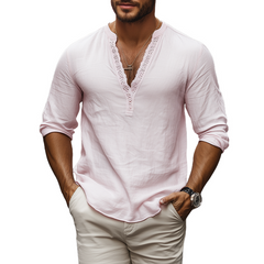 Men's Spring And Summer Casual Skin-friendly Cotton And Linen Seep V-neck Splicing Lace Shirt MTA2149C5K