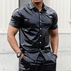 Men's Shiny PU Leather Plain Black Short Sleeve Set MTA2132C4U
