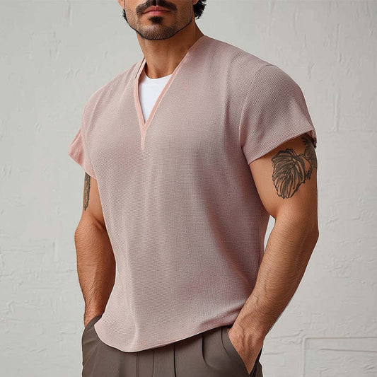 Men's Summer Basic V-neck Textured Short-sleeved T-shirt MTA0805D9U