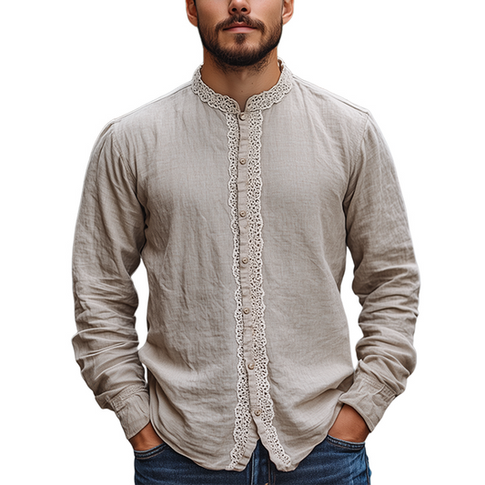 Men's Spring New Retro Ethnic Lace Stitching Stand Collar Long Sleeve Shirt MTA2115C8K