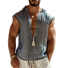 Men's Light Gray Ice Silk Pleated Hooded Tank Top 07483997U