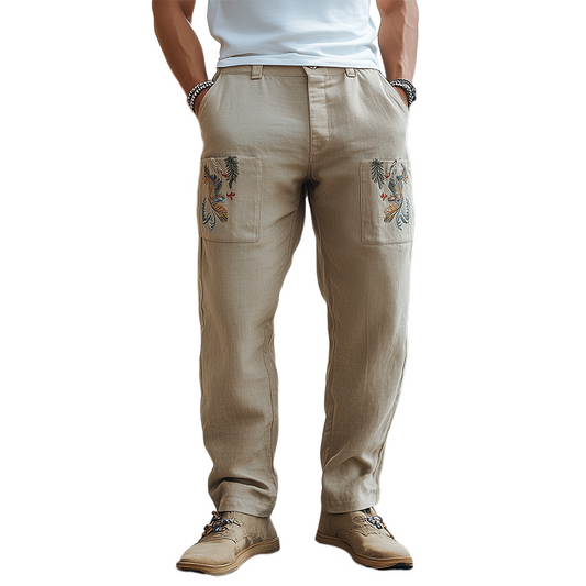 Men's Spring And Summer Retro Personalized Cotton And Linen Embroidered Casual Pants MTA2010C2K