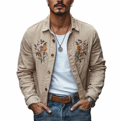 Men's Casual Linen Floral Embroidery Lapel Loose Long Sleeve Shirt 19983181M