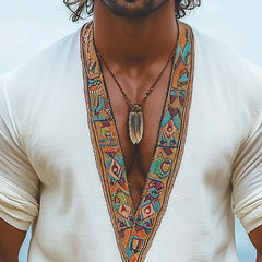 Men's Summer V-neck Retro Embroidery Casual Long Sleeve T-shirt MTA0958D6U