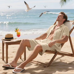 Men's Casual Linen Lapel Short Sleeve Shirt Elastic Waist Shorts Set 27144649M