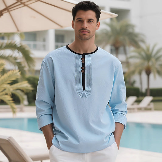 Stylish Men's Long Sleeve Henley Shirt With Unique Button Design