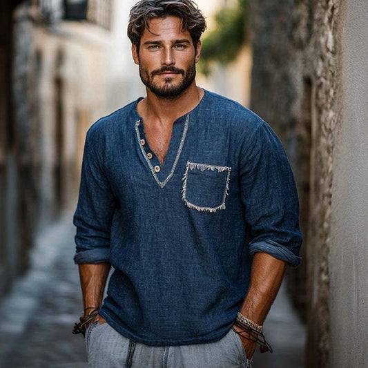 Men's Retro Navy V-neck Casual Long Sleeve T-shirt 61313574U