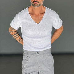 Men's Solid Color V-Neck Short Sleeve Knitted T-Shirt MTA2753C0X