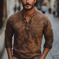 Men's Brown Tie-Dye Button-Down Cotton Long Sleeve T-Shirt MTA2683C1U