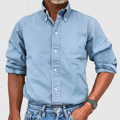 Solid Color Western Retro Shirt for Men - Button-Down Collar, Stylish Long-Sleeve, Casual Business Dress Style