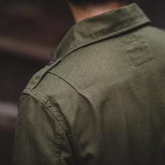 Men's Olive Green Military-Style Jacket with Striped Shirt Combo