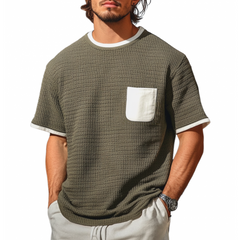 Men's Casual Round Neck Clorblock Patchwork Loose Knitted Short Sleeve Sweater T-Shirt MTA0717D1M