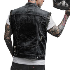Distressed Denim Vest with Embroidered Skull Design for Biker Style