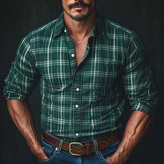 Men's Vintage Dark Green Long Sleeve Check Shirt MTA2109C8P