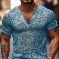 Men's Spring And Summer Fashion Casual V-neck Slim Lace Short Sleeve T-shirt MTA2501C7K