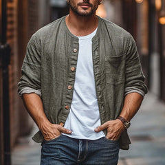 Men's Cotton And Linen Single-Breasted Long-Sleeved Loose Shirt MTA2739C5X