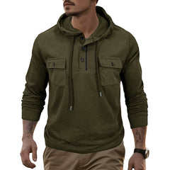Men's Stylish Hooded Henley Sweatshirt with Functional Pockets - Perfect for Casual Wear