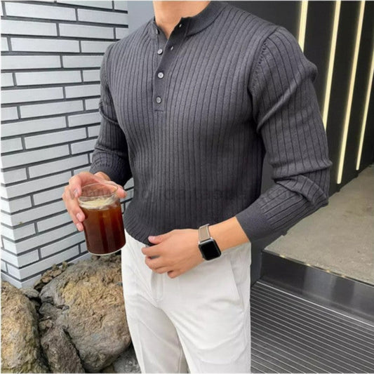 Men's Stylish White Ribbed Henley Sweater for Casual Elegance