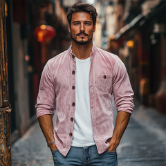 Men's Spring Fashion Casual Stand Collar Embroidered Suede Long Sleeve Shirt MTA3127C8K