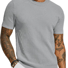 Men's Casual Round Neck Loose Knitted Short Sleeve Sweater T-Shirt MTA2657C2M