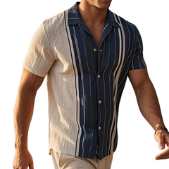 Men's Retro Casual Linen Striped Colorblock Printed Lapel Short Sleeve Shirt MTA2750C2TO