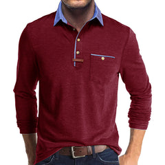 Men's Stylish Long Sleeve Polo Shirt with Contrast Collar and Chest Pocket