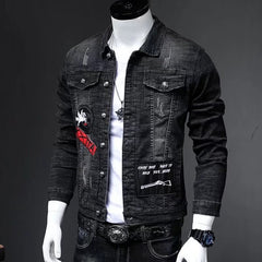 Stylish Men's Denim Jacket with Unique Embroidery and Patches - Perfect for Casual and Trendy Looks