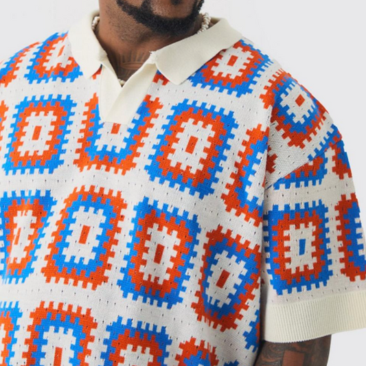 Men's Summer Fashion Casual Vacation Lapel Hollow Color Knitted Short-sleeved T-shirt MTA1044D9K